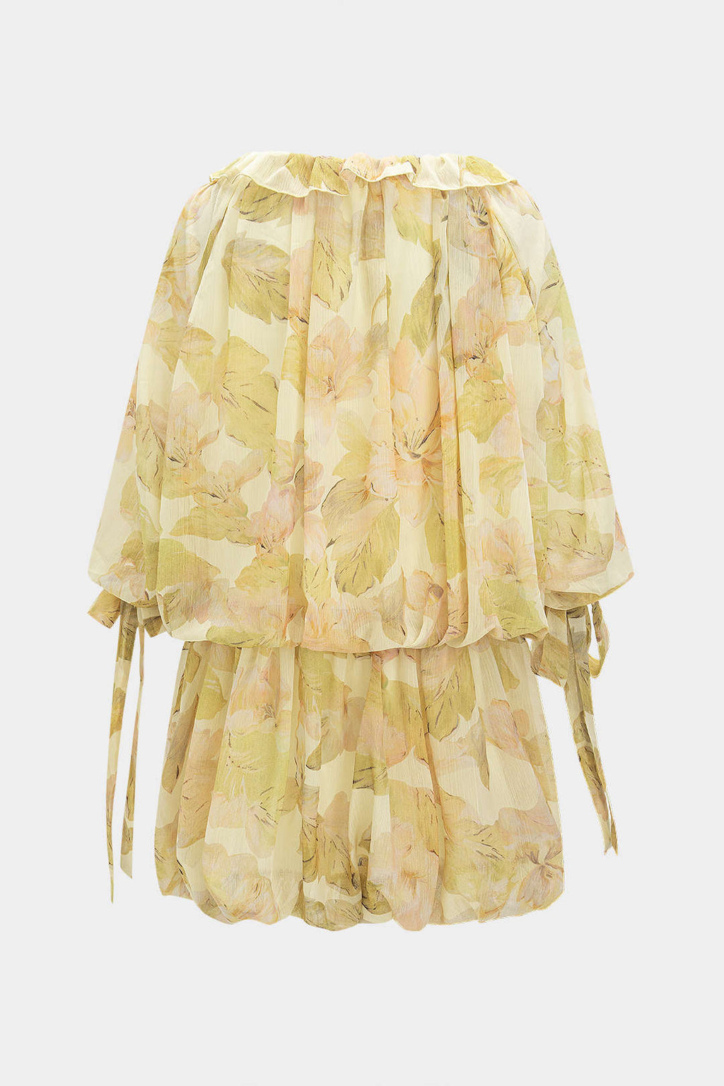 שמלת מיני ארוכת שרוולים עם קפלים והדפסה פרחונית מרשת 