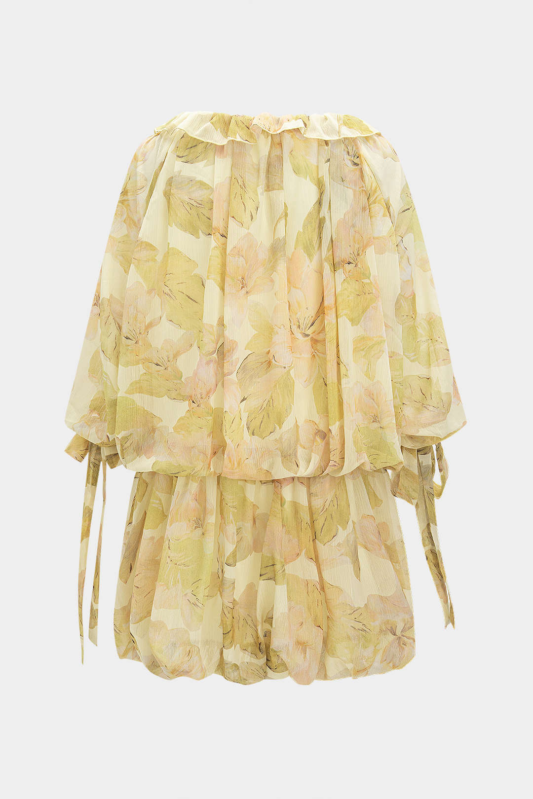 שמלת מיני ארוכת שרוולים עם קפלים והדפסה פרחונית מרשת 