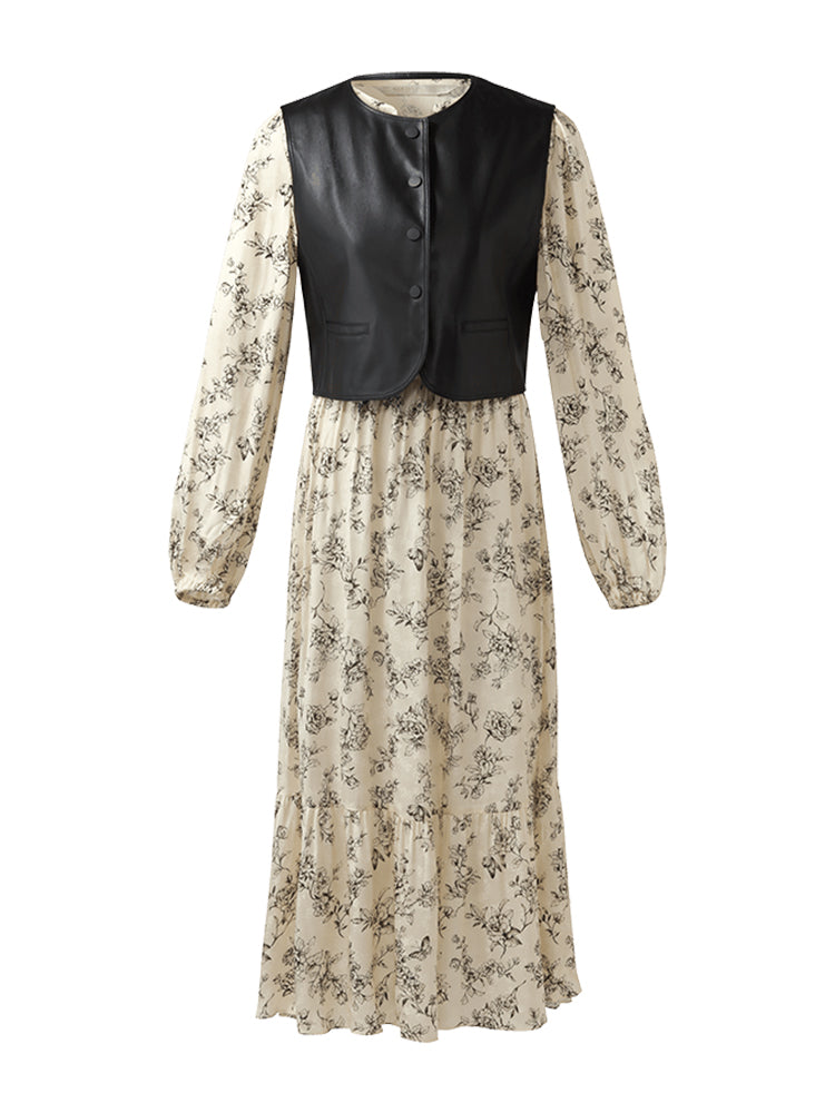 Conjunto Chaleco Eco Cuero Vegano y Vestido Midi Floral