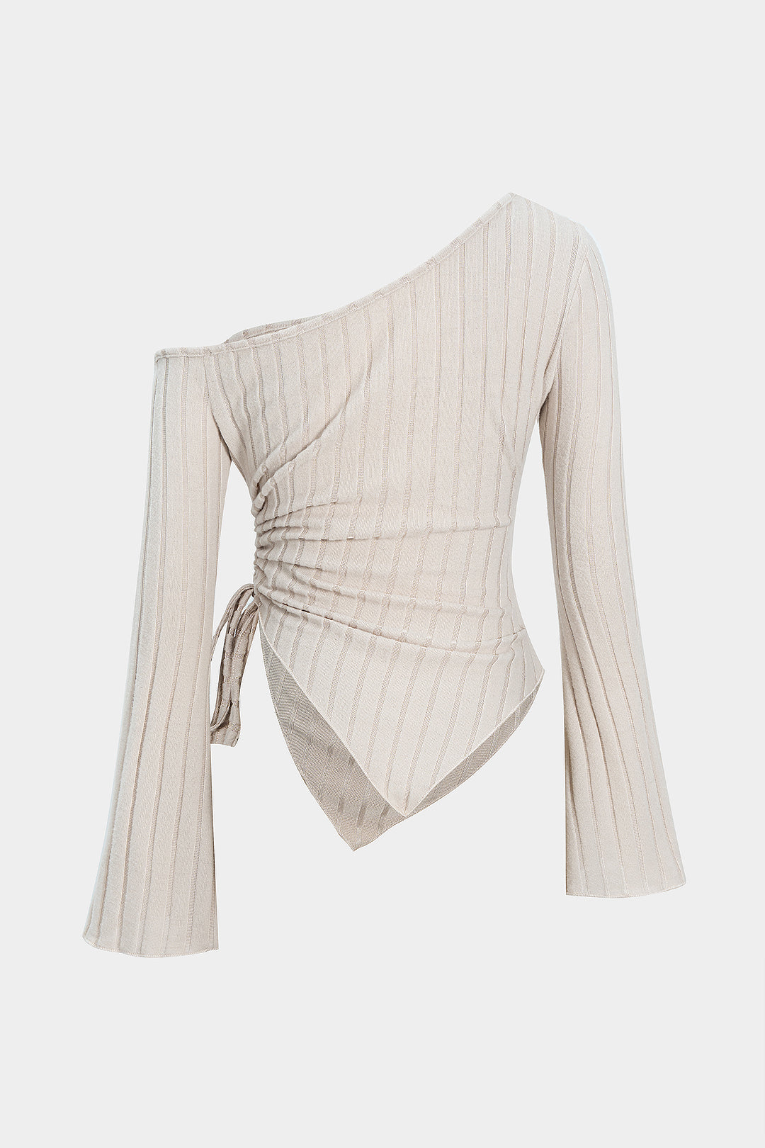 Asymmetrical Neck Drawstring Bell Long Sleeve T-Shirt