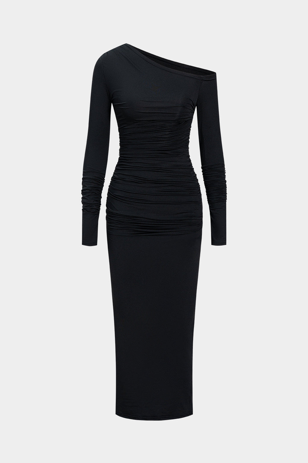 Asymmetrical Neck Ruched Long-Sleeve Maxi Dress