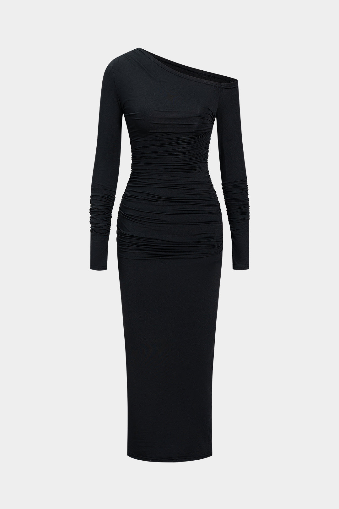Asymmetrical Neck Ruched Long-Sleeve Maxi Dress