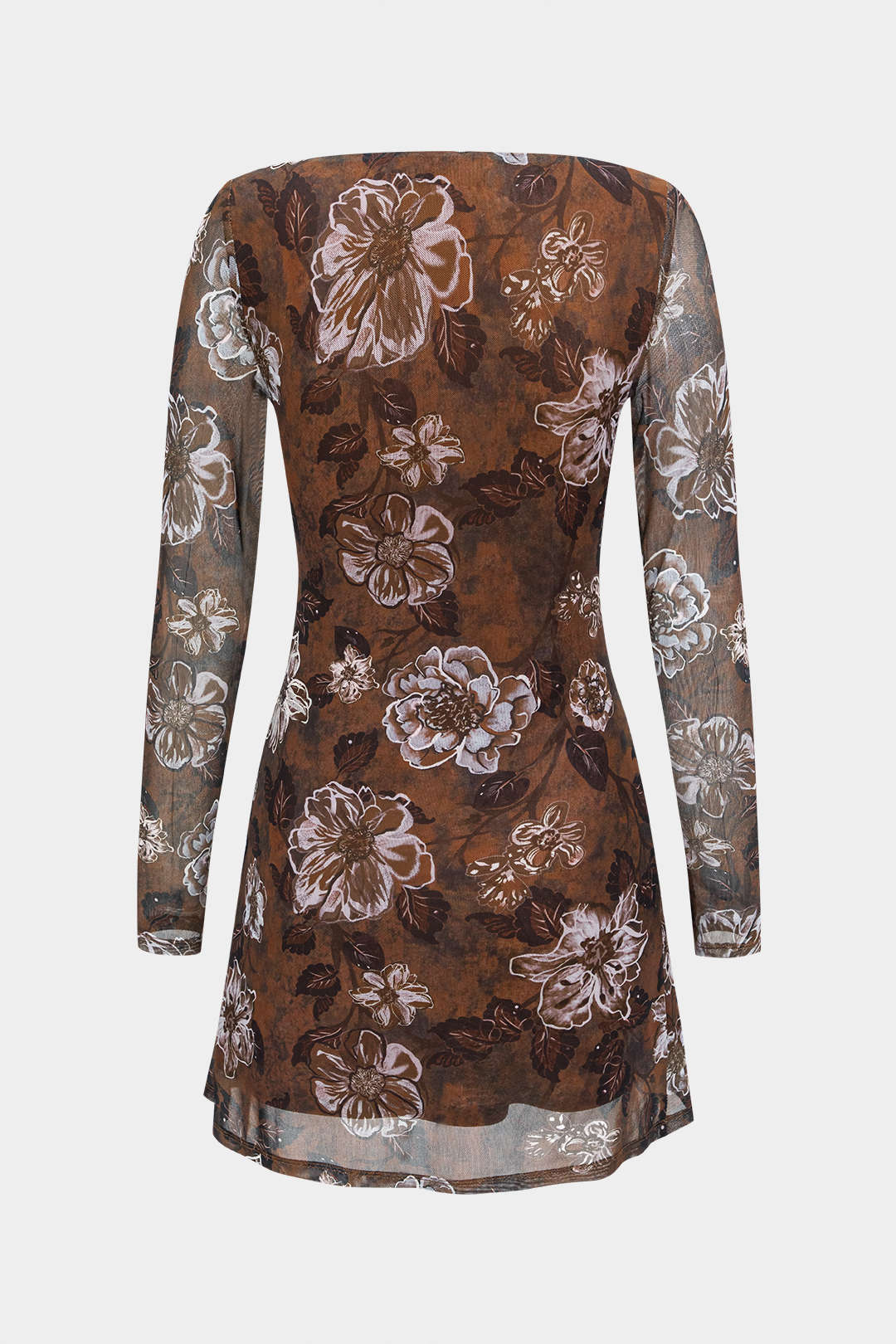 Floral Print Leaves Mesh Long Sleeve Maxi Dress