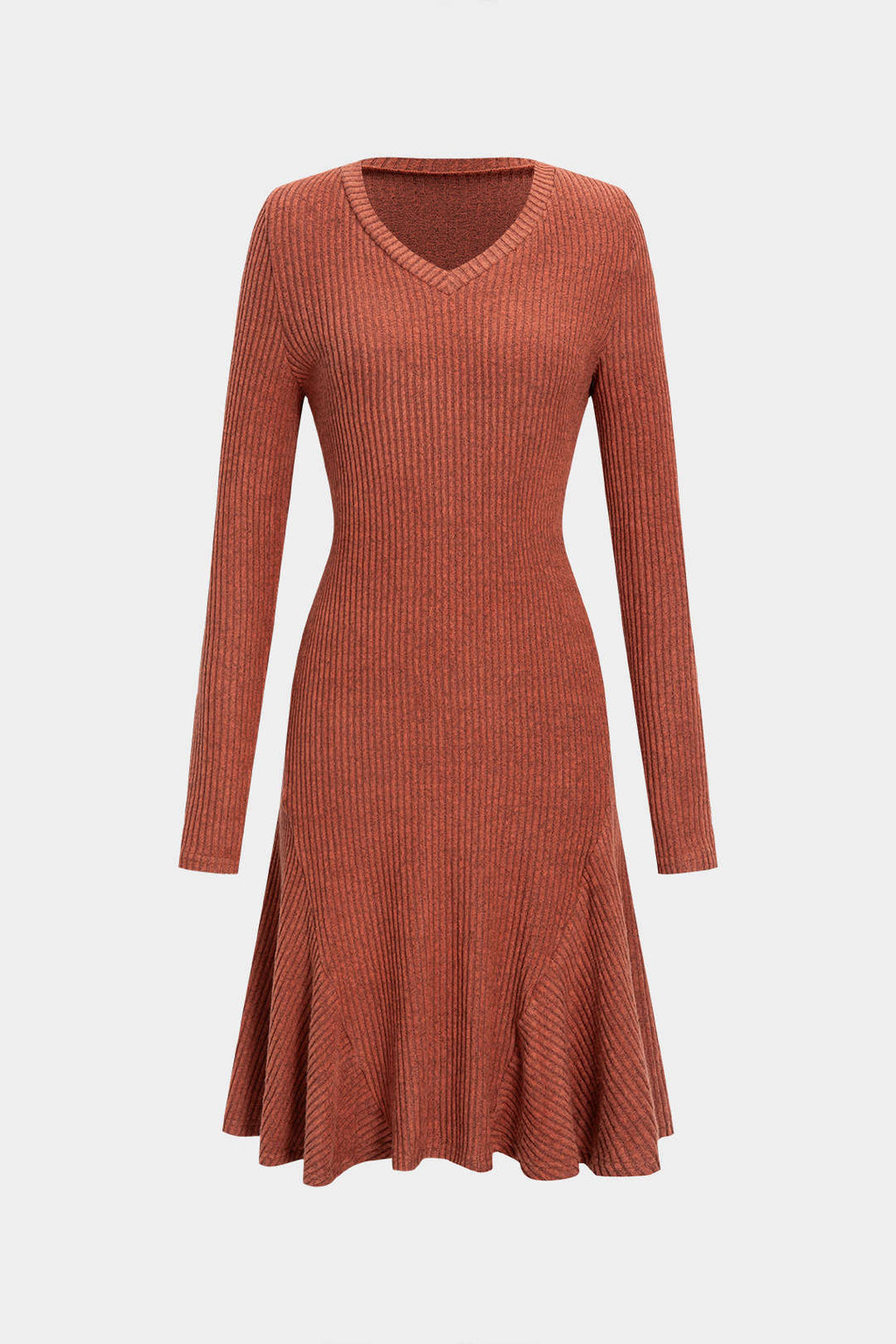 Knit V-Neck Ribbed Long Sleeve Dress