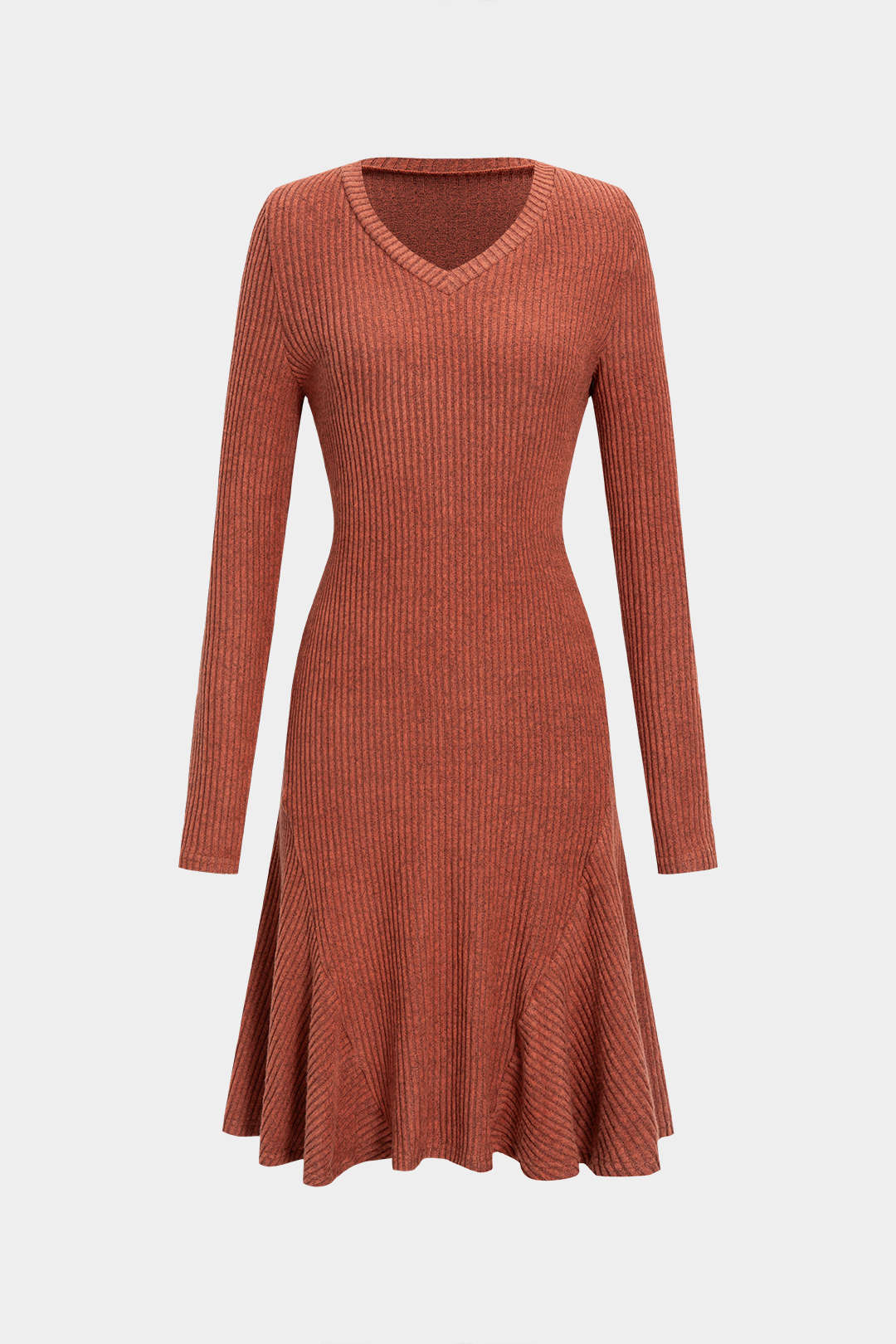 Knit V-Neck Ribbed Long Sleeve Dress
