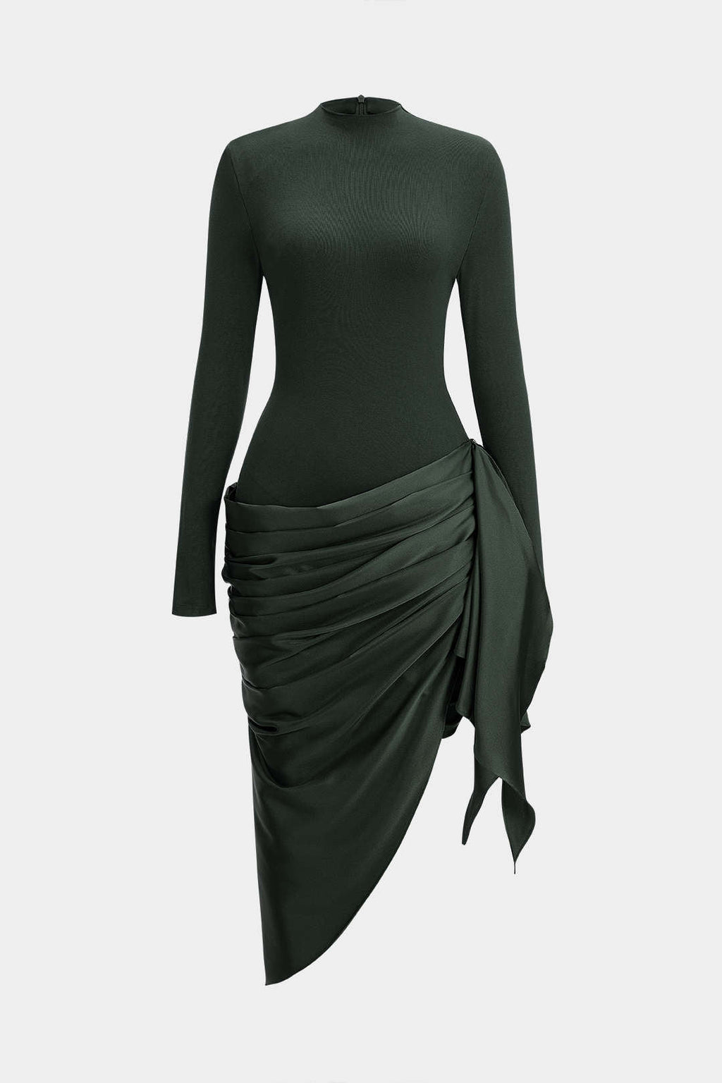 שמלת מידי אסימטרית עם טלאים מבד סאטן ושרוולים ארוכים 