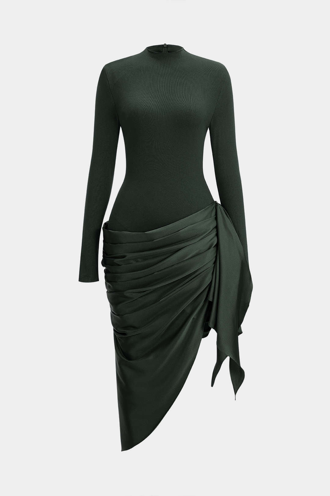 שמלת מידי אסימטרית עם טלאים מבד סאטן ושרוולים ארוכים 