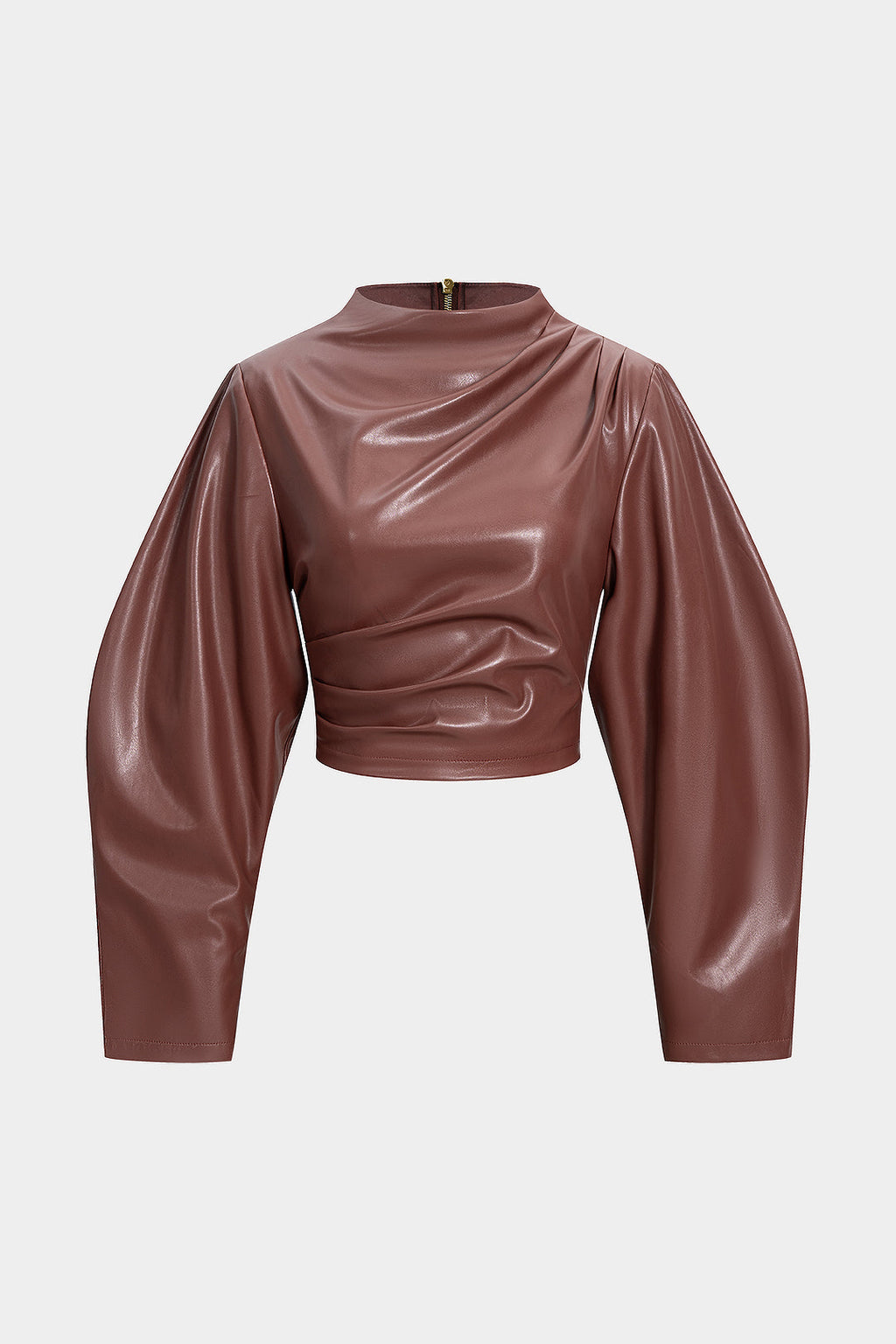 Faux Leather Ruched Zipper Long-Sleeve Shirt