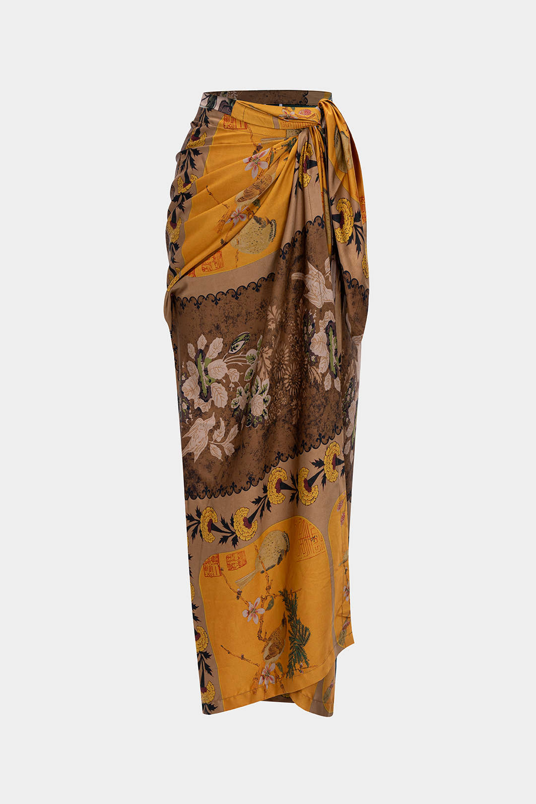 חצאית סאטן עם קשירה מלפנים והדפס רטרו 