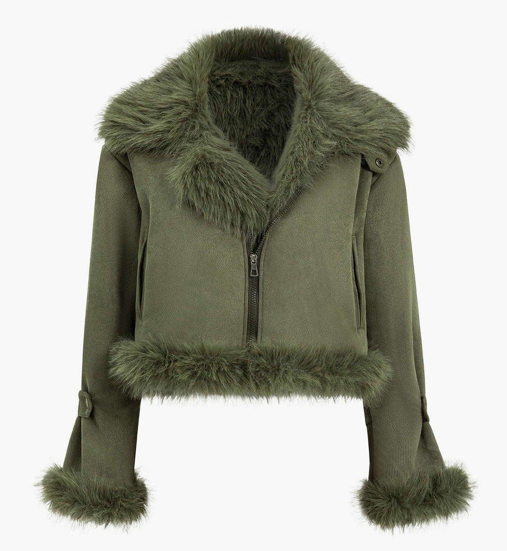 Chaqueta Corta Con Cuello De Peluche Para Mujeres Modernas