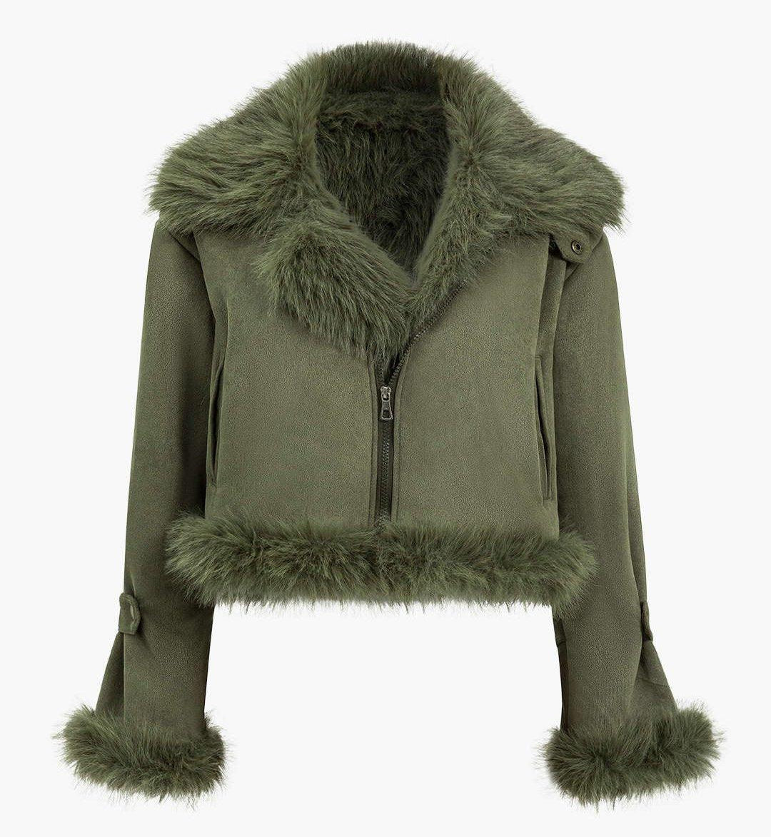 Chaqueta Corta Con Cuello De Peluche Para Mujeres Modernas