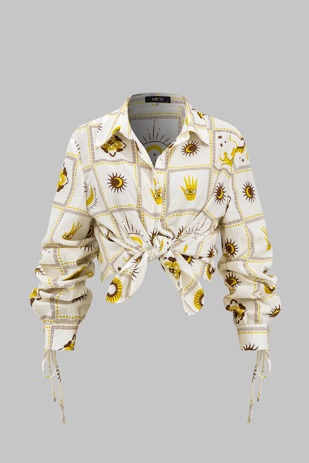 חולצה ארוכת שרוולים עם הדפס גלקסי גיאומטרי וקשירה מלפנים 