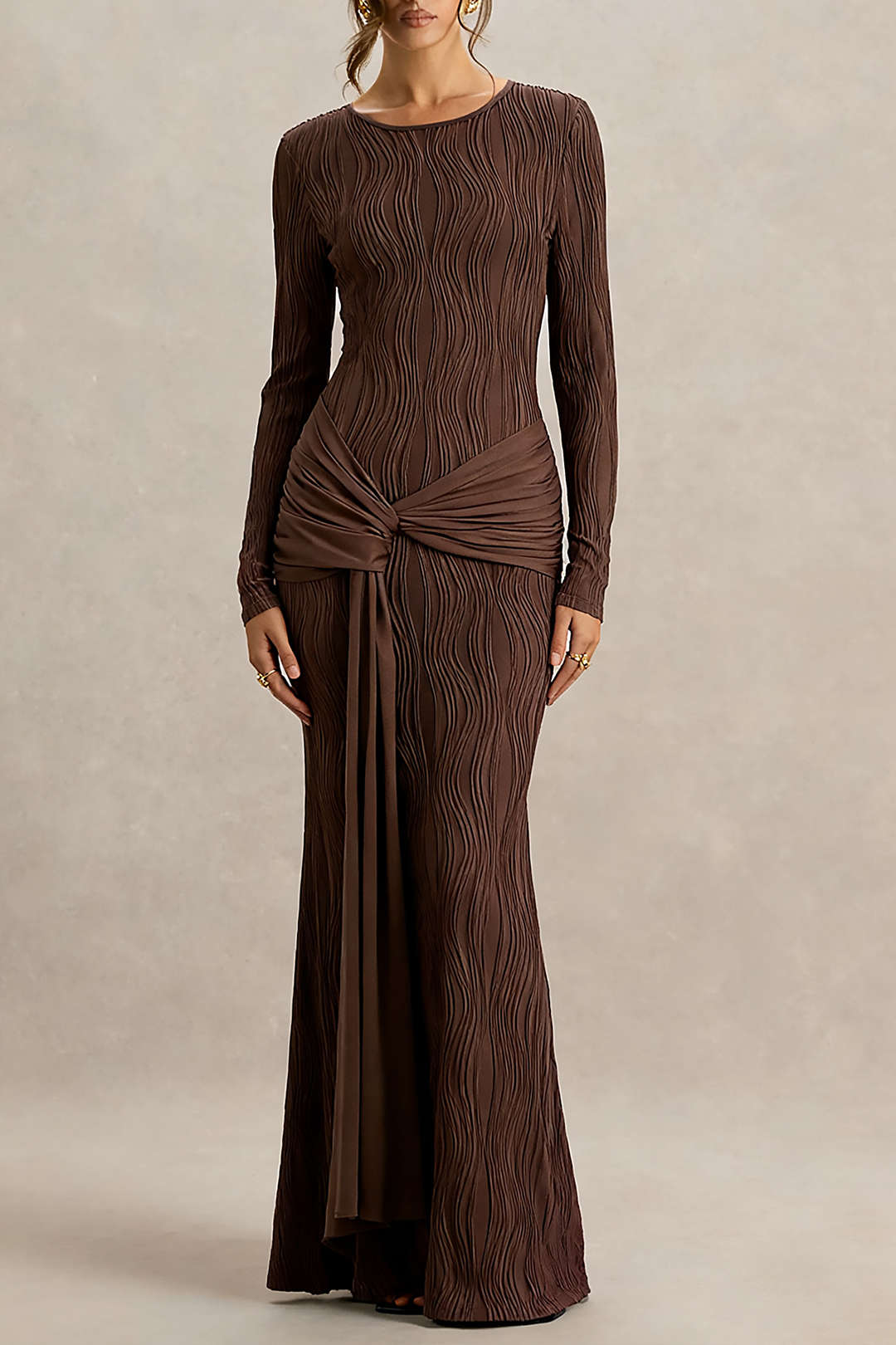 Patchwork Round Neck Tie Front Ruched Long Sleeve Maxi Dress