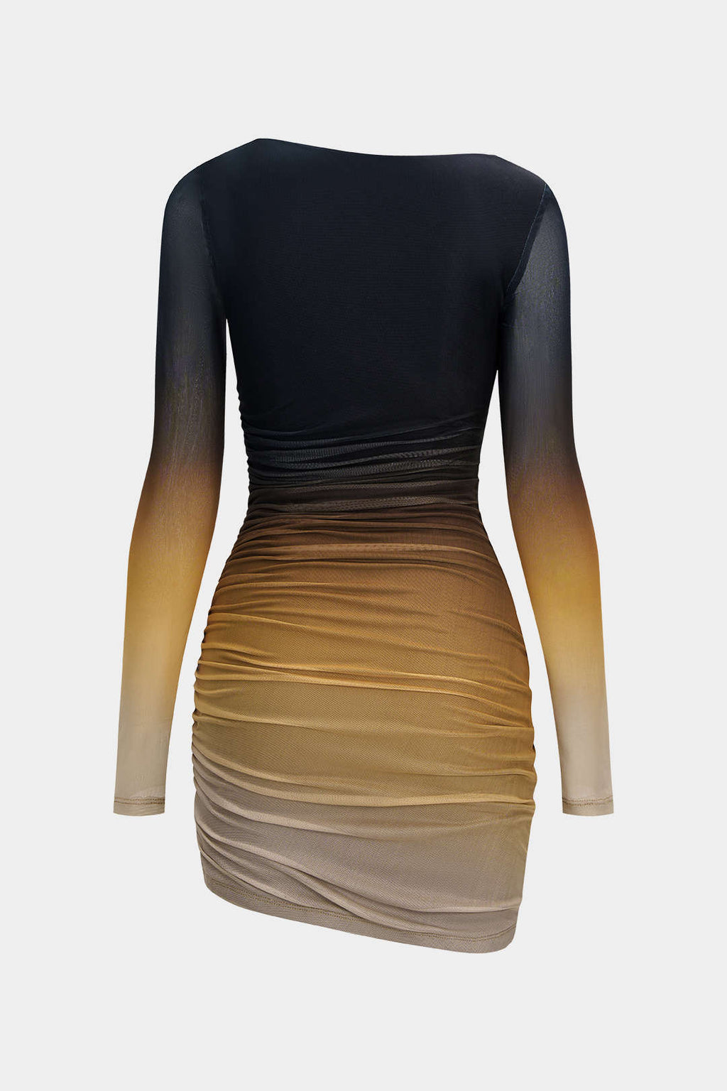 Mesh Colorblock Print Asymmetrical Ruched Long-Sleeve Mini Dress