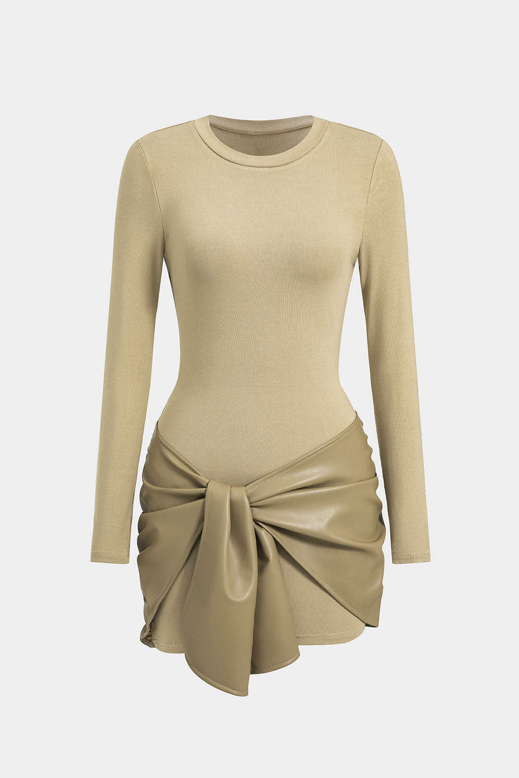 שמלת מיני עם צווארון עגול וקשירה דמוית עור עם טלאים מקדימה 