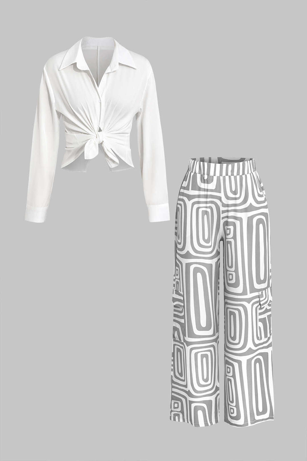 Conjunto Camisa Nudo Cálido Pantalón Estampado Artístico