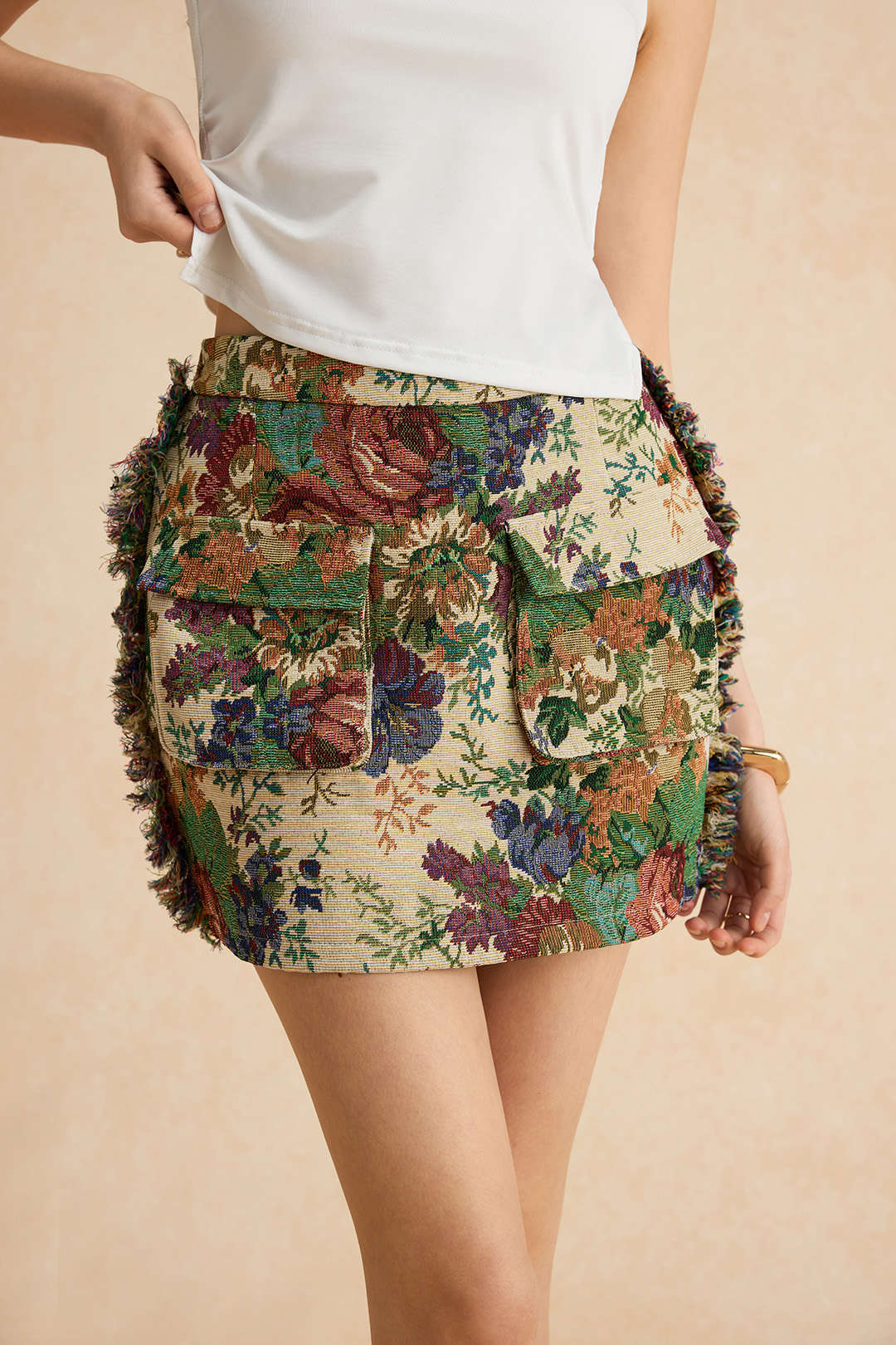 Falda Mini Floral Retro Con Flecos Y Cierre Zip Vintage