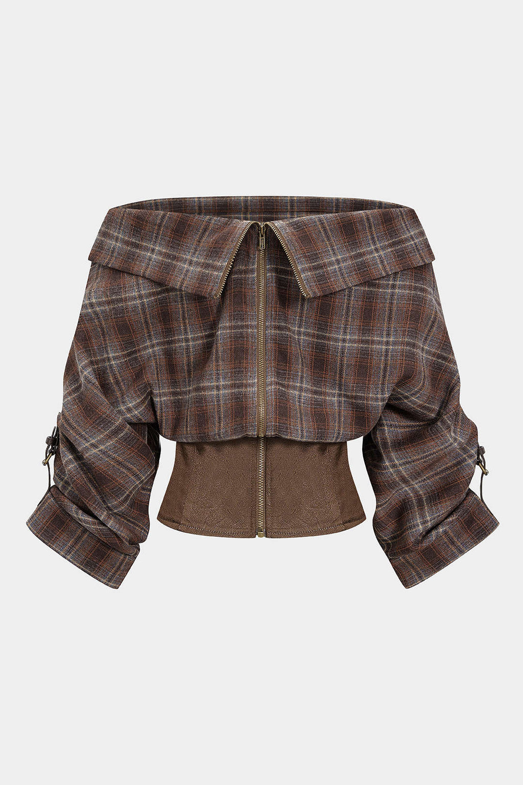 חולצה ארוכת שרוולים עם רוכסן, הדפס משובץ וטלאים של סאטן 