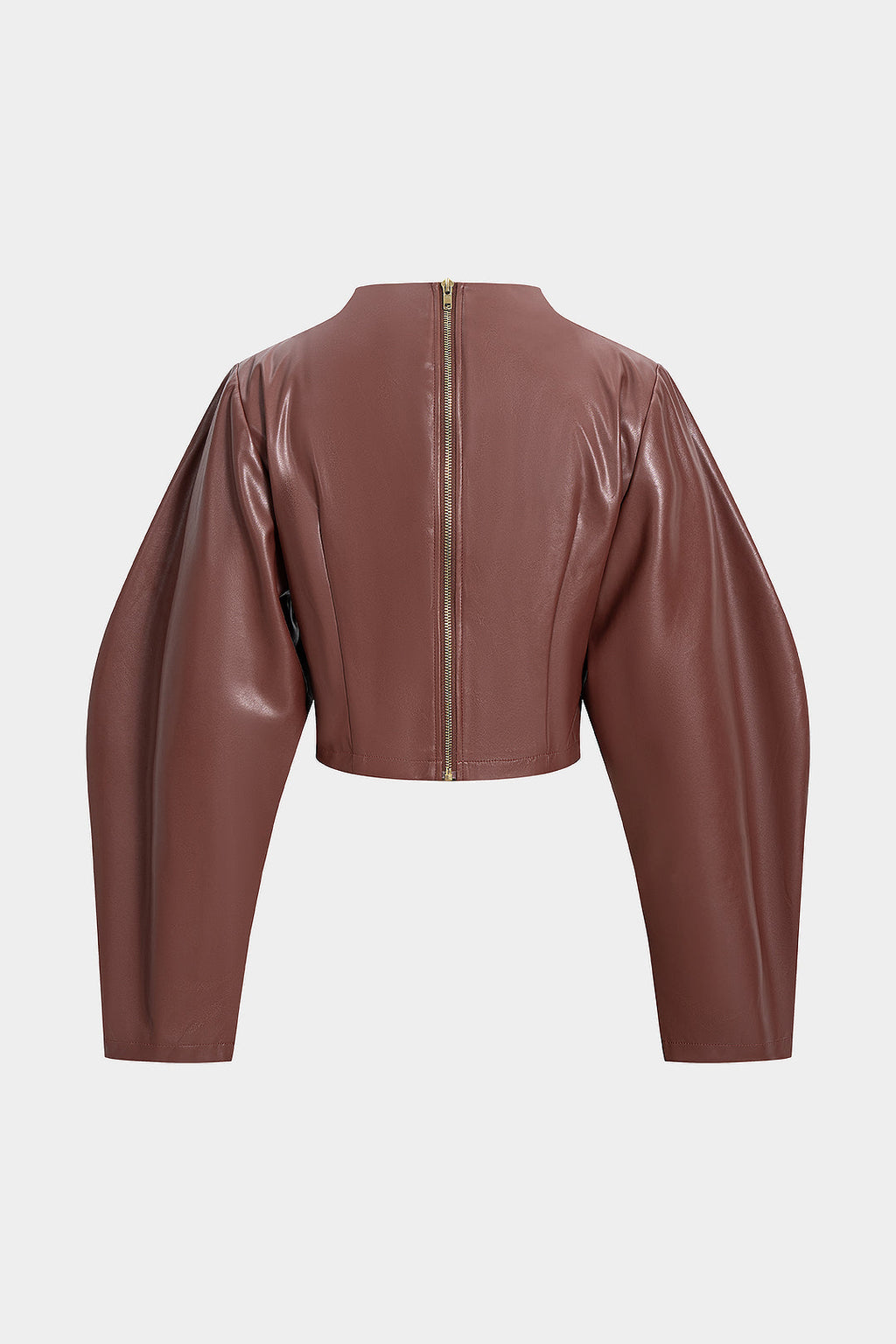 Faux Leather Ruched Zipper Long-Sleeve Shirt