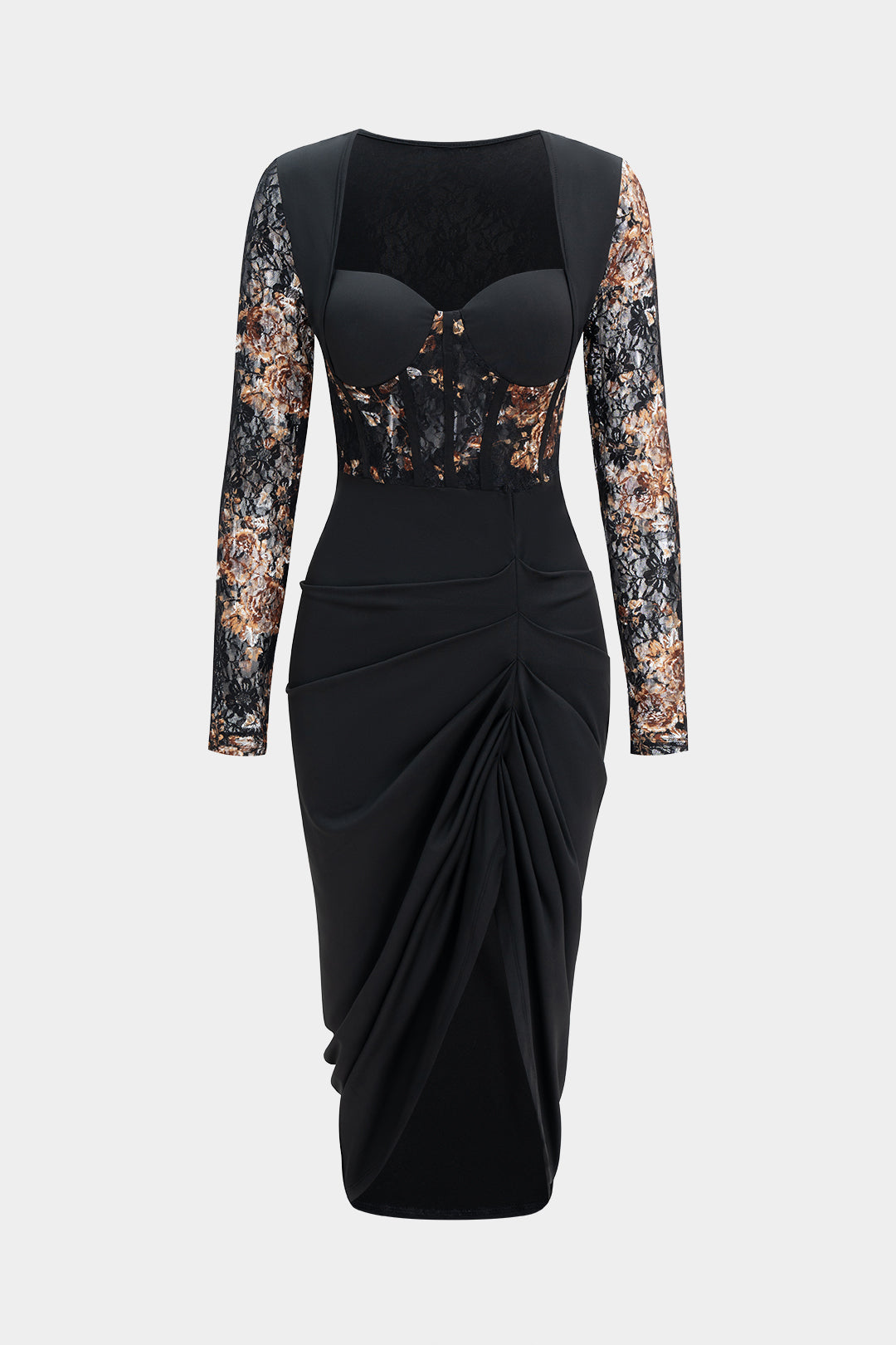 Floral Print Lace Patchwork Long Sleeve Midi Dress