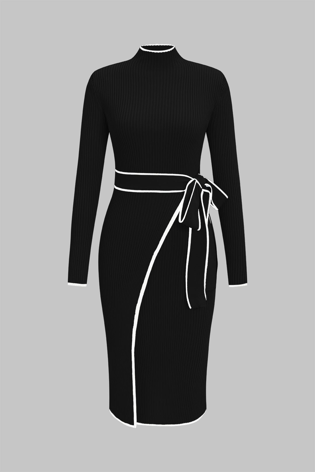 Knit Mock Neck Belted Long Sleeve Midi Dress
