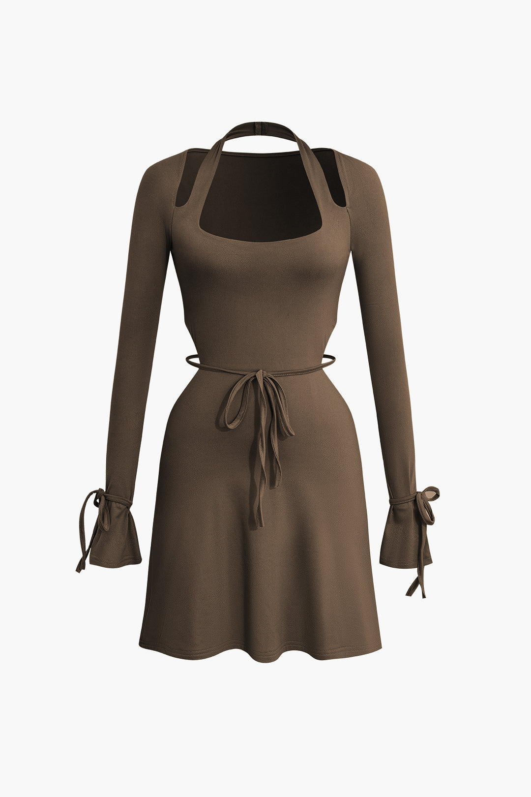 Square Neck Halter Tie Bell Sleeve Mini Dress