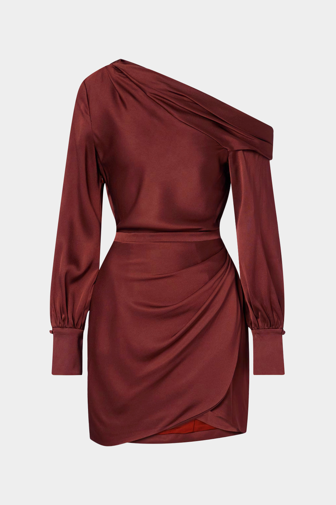 שמלת מיני עם צווארון א-סימטרי ושרוולים ארוכים של סאטן 