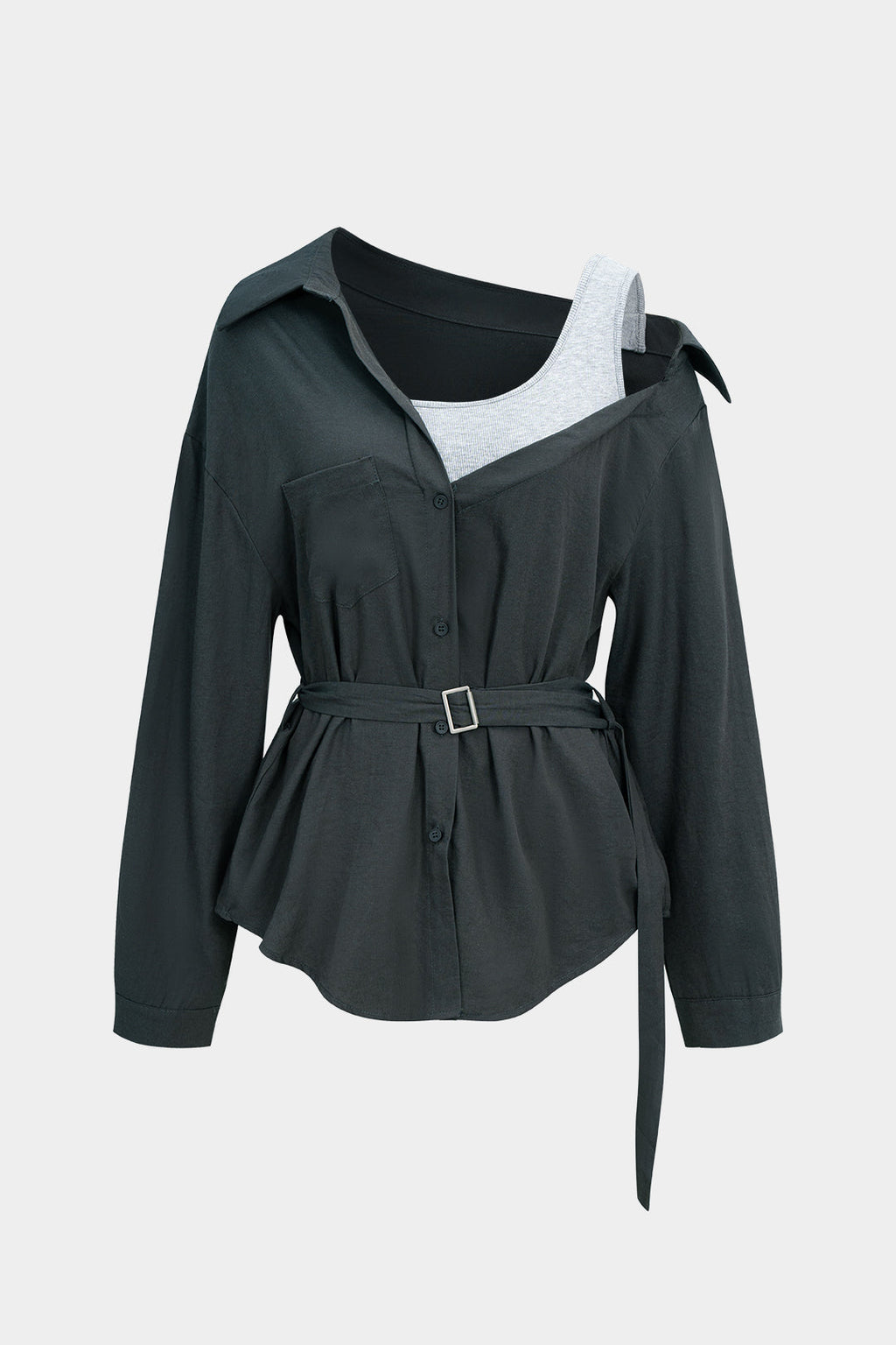 חולצה ארוכת שרוולים עם כפתורים וחגורה, כיסים מלאכותיים 