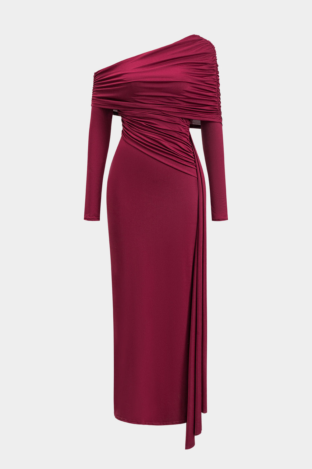 Ruched Asymmetrical Neck Long Sleeve Slit Maxi Dress