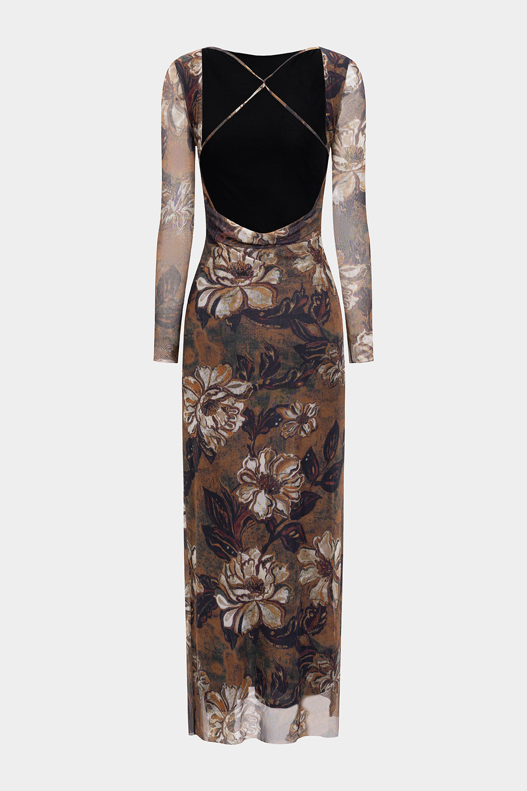 Mesh Floral Retro Print Backless Long Sleeve Maxi Dress