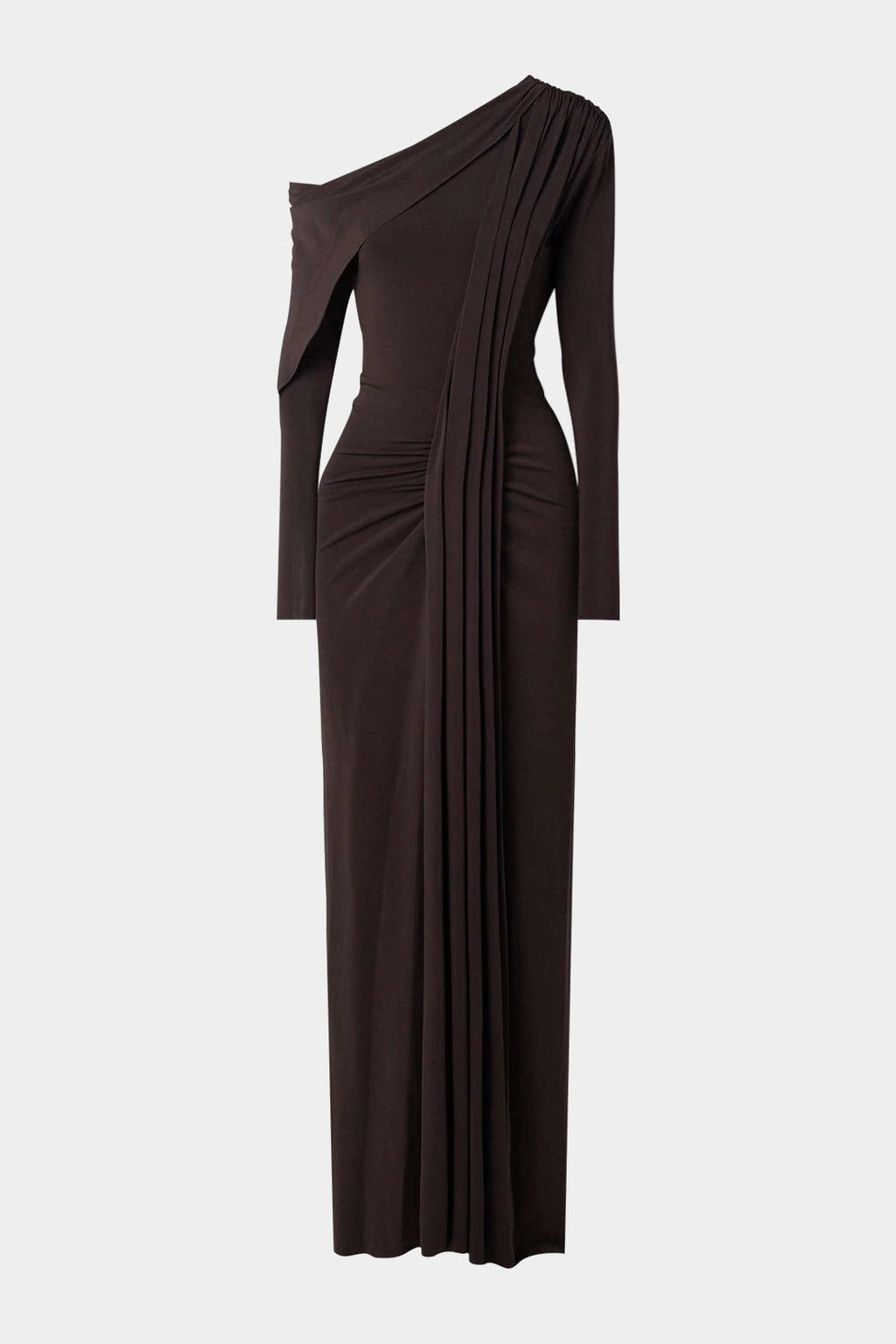 Asymmetrical Neck Ruched Long-Sleeve Maxi Dress