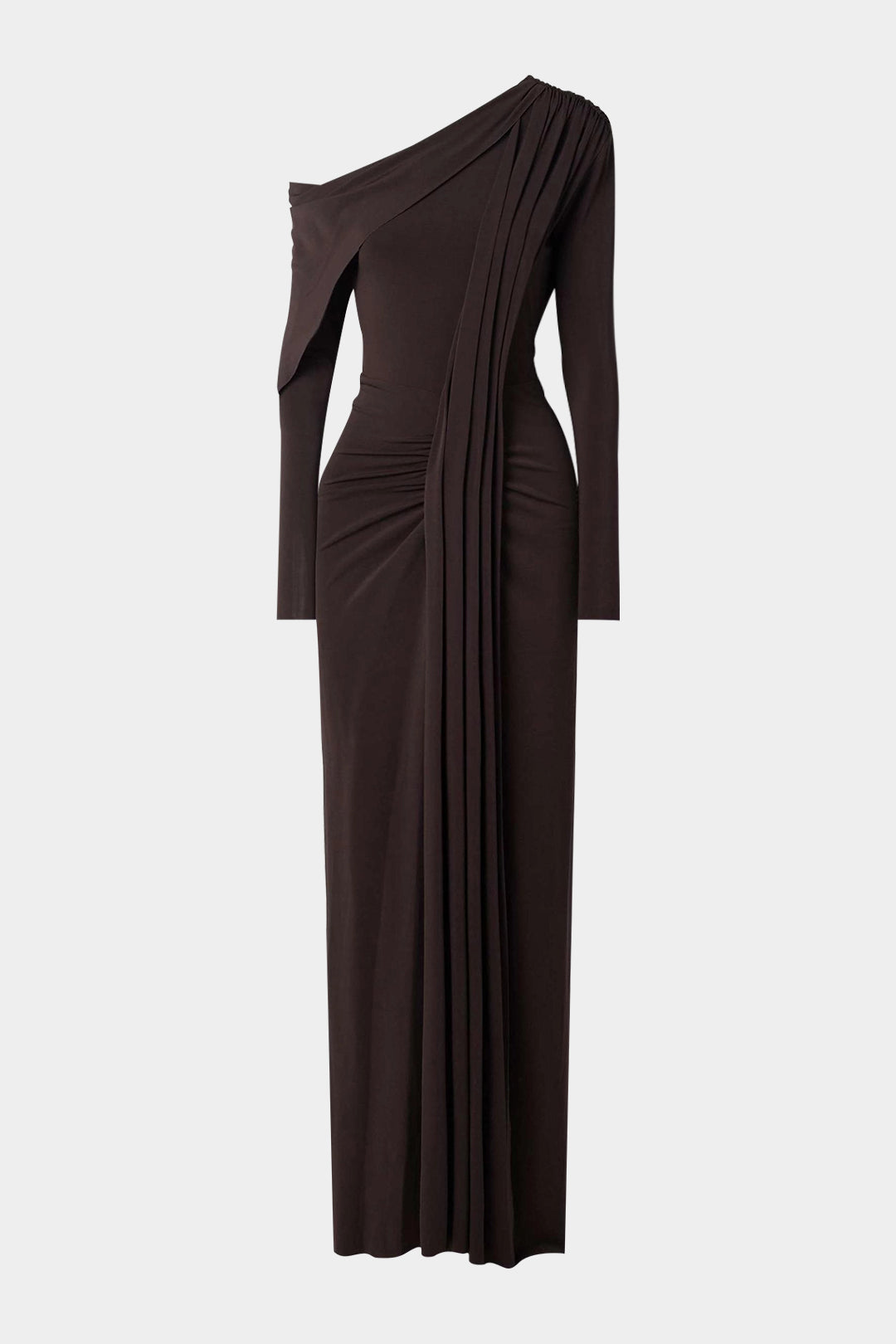 Asymmetrical Neck Ruched Long-Sleeve Maxi Dress