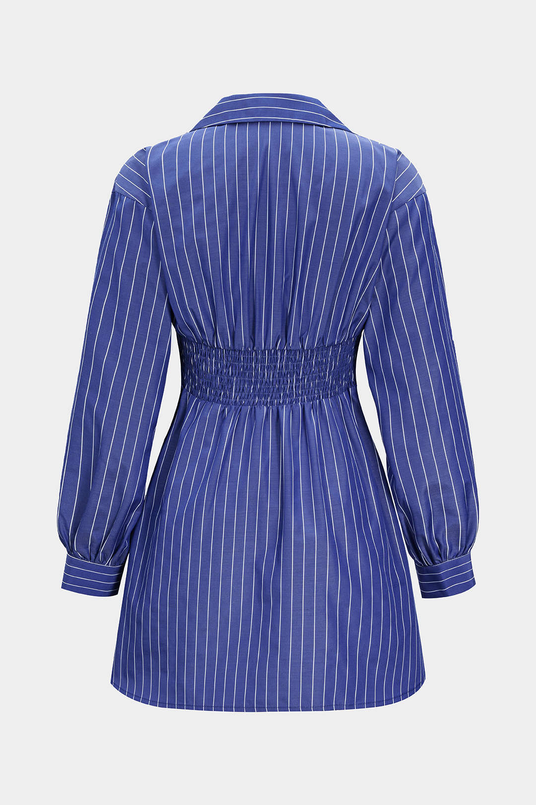 Stripes Print Button Ruched Smocked Long Sleeve Mini Dress