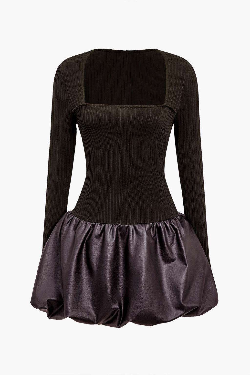 שמלת מיני עם צווארון מרובע וקשירה בצבע PU 