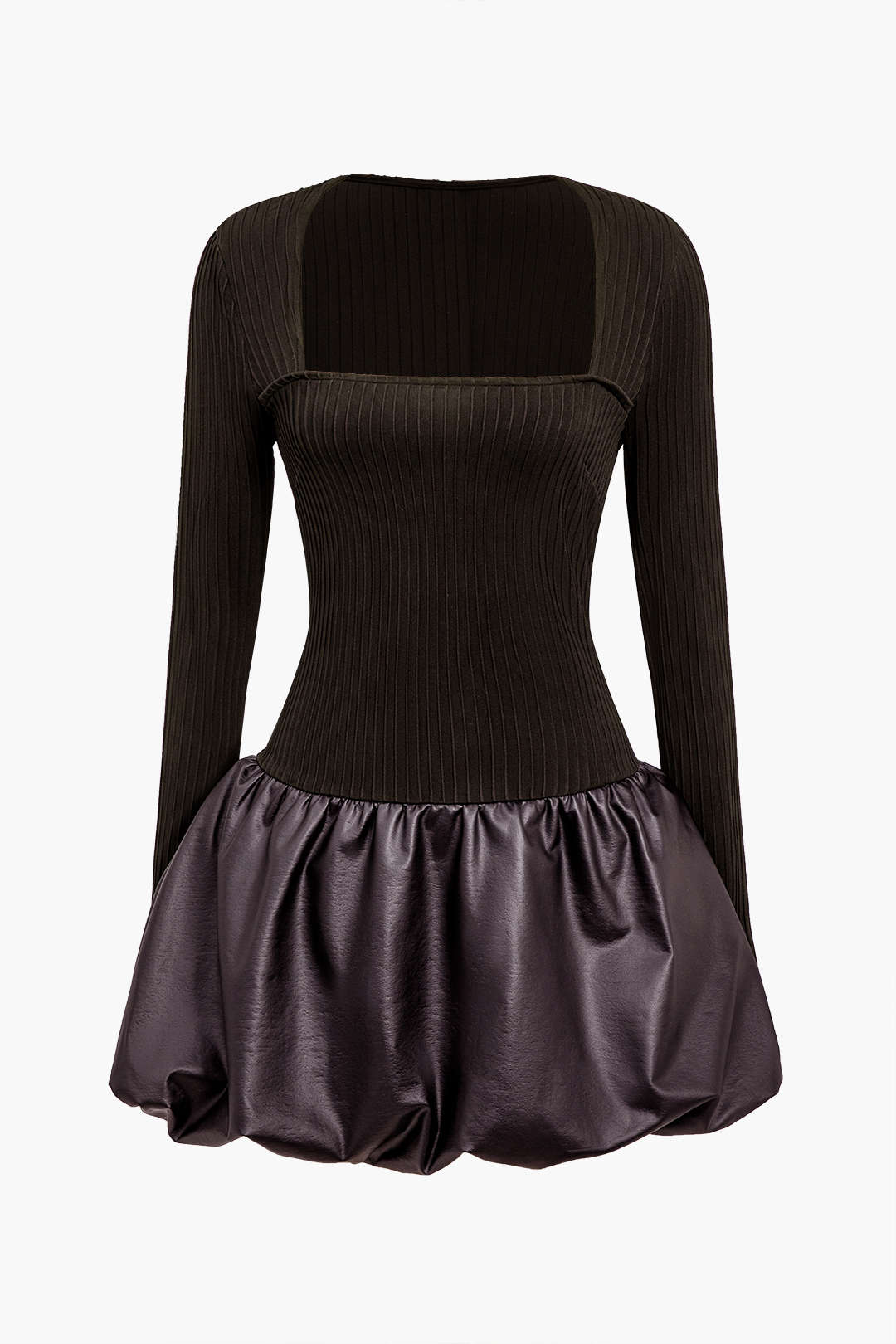 שמלת מיני עם צווארון מרובע וקשירה בצבע PU 