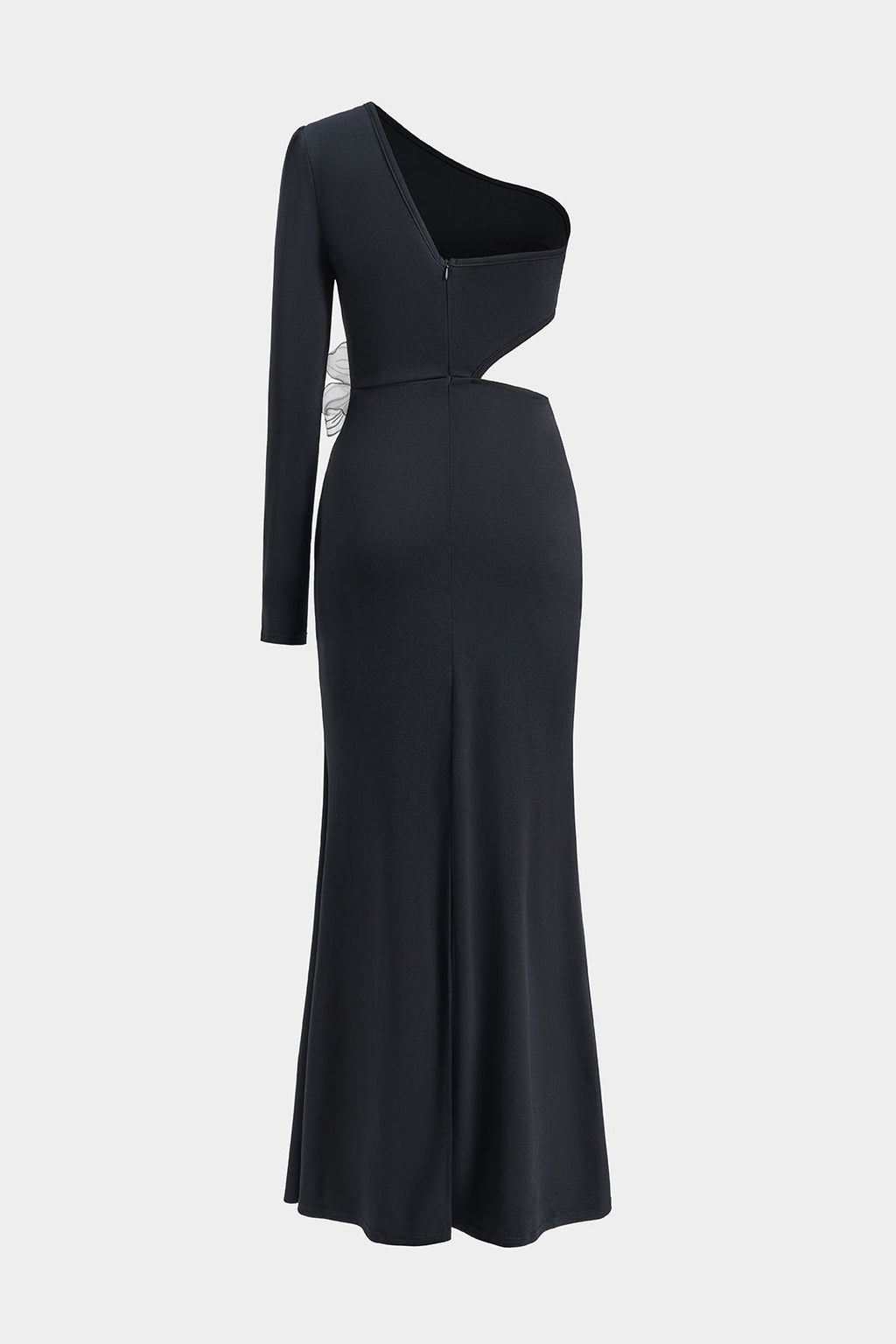 שמלת מקסי עם שרוולים ארוכים ורוכסן על כתף אחת עם חרוזים פרחוניים תלת-ממדיים 