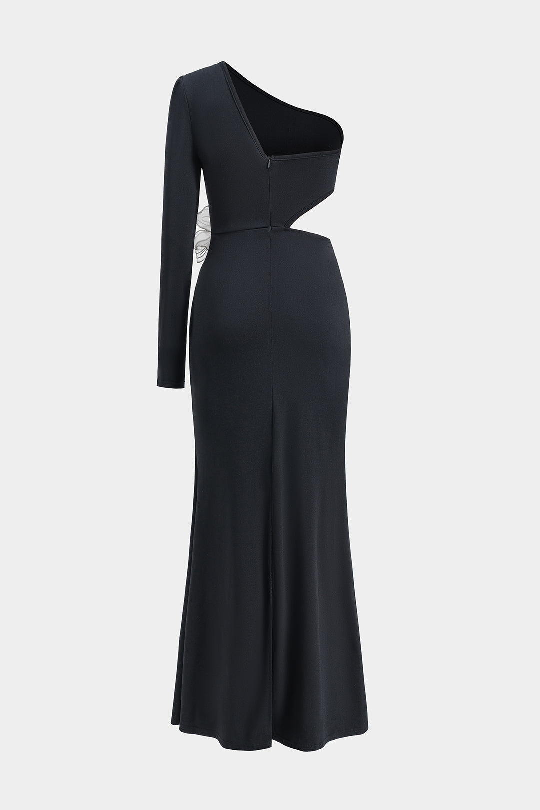 שמלת מקסי עם שרוולים ארוכים ורוכסן על כתף אחת עם חרוזים פרחוניים תלת-ממדיים 