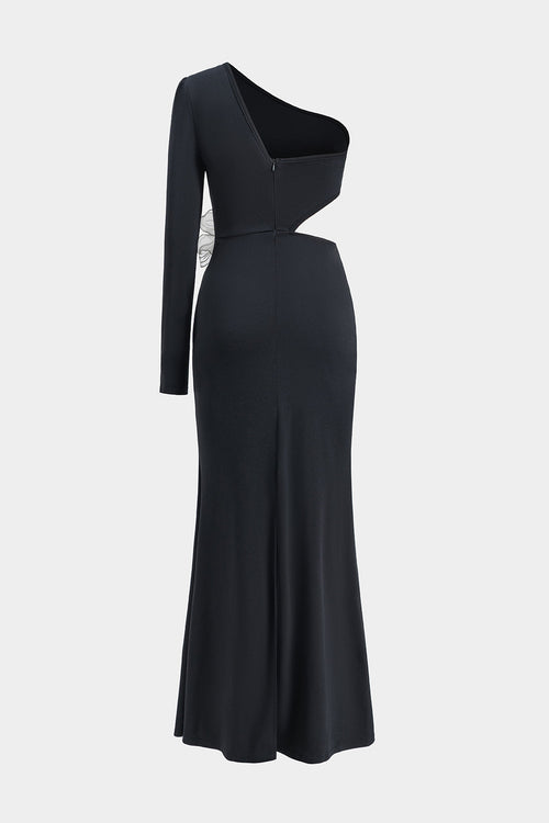 שמלת מקסי עם שרוולים ארוכים ורוכסן על כתף אחת עם חרוזים פרחוניים תלת-ממדיים 