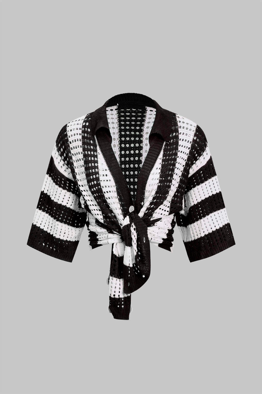 Conjunto Corto de Punto a Rayas Casual con Detalles Calados