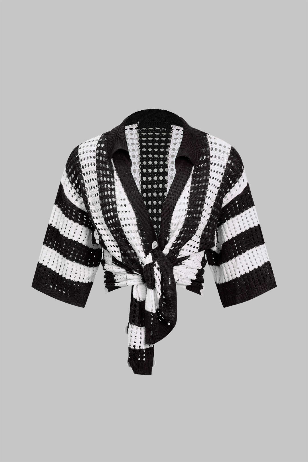 Conjunto Corto de Punto a Rayas Casual con Detalles Calados