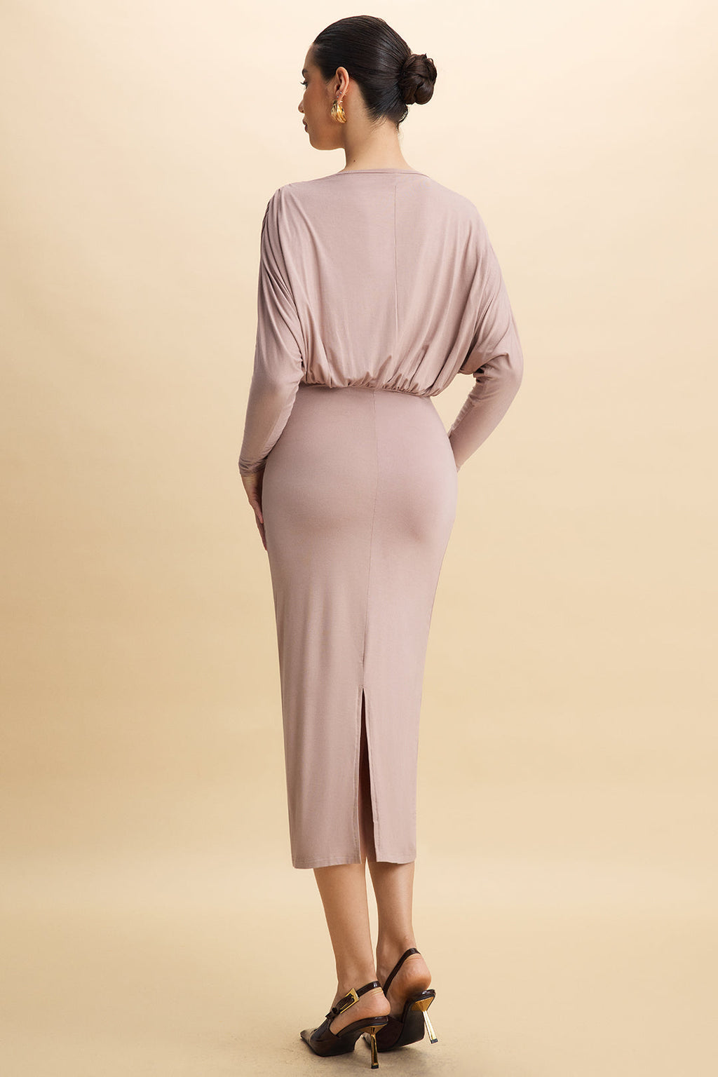 V-Neck Batwing Sleeve Ruched Maxi Dress