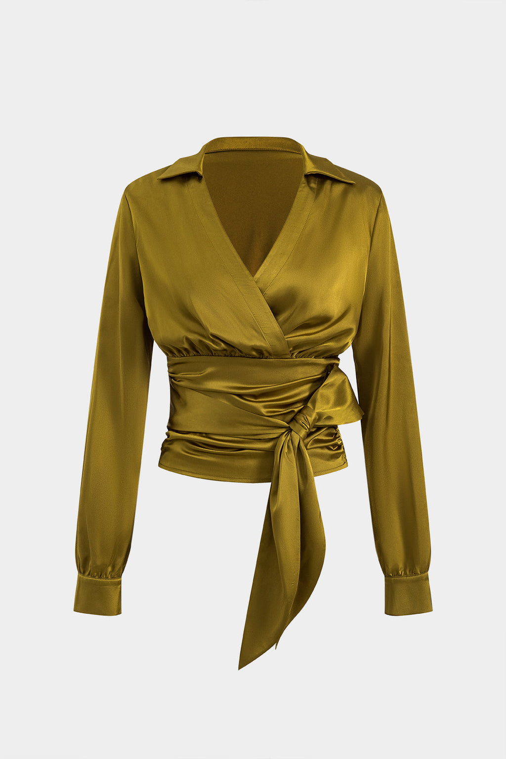 חולצה ארוכת שרוולים עם קפלים וקשירה מלפנים של סאטן 