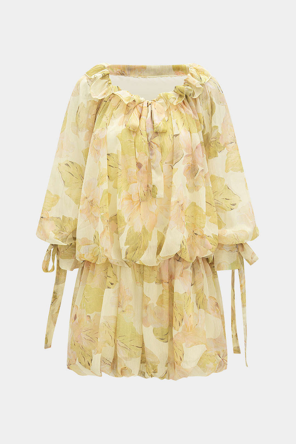 שמלת מיני ארוכת שרוולים עם קפלים והדפסה פרחונית מרשת 