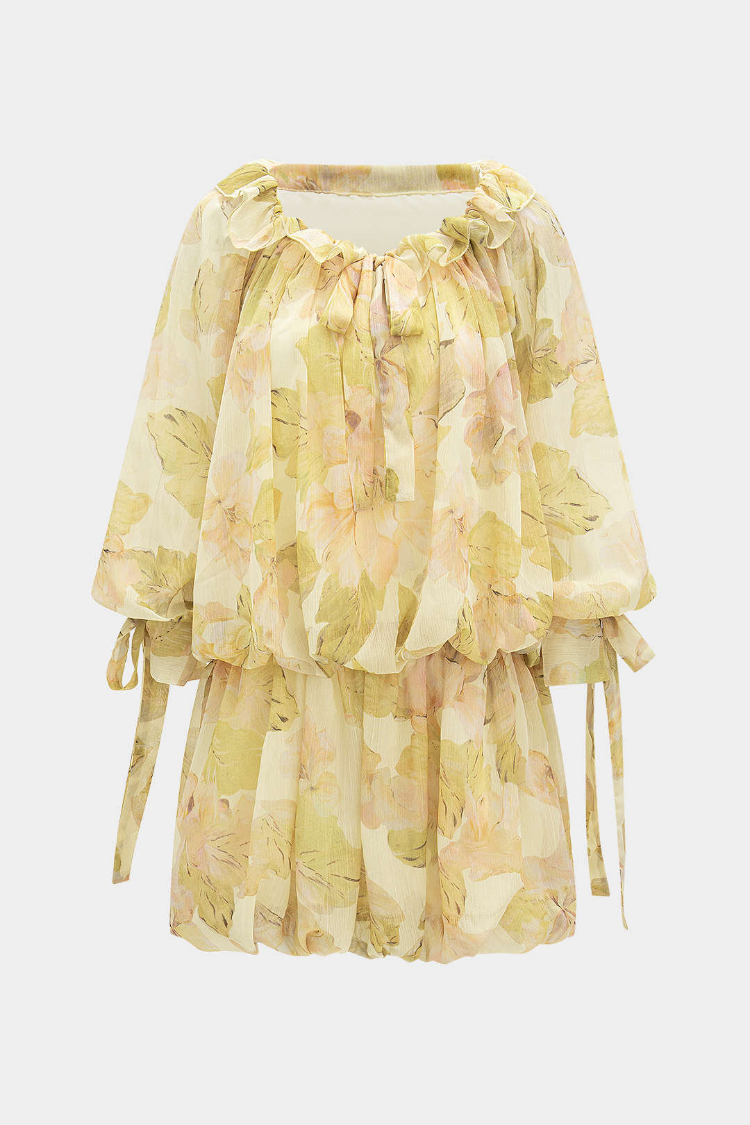 שמלת מיני ארוכת שרוולים עם קפלים והדפסה פרחונית מרשת 