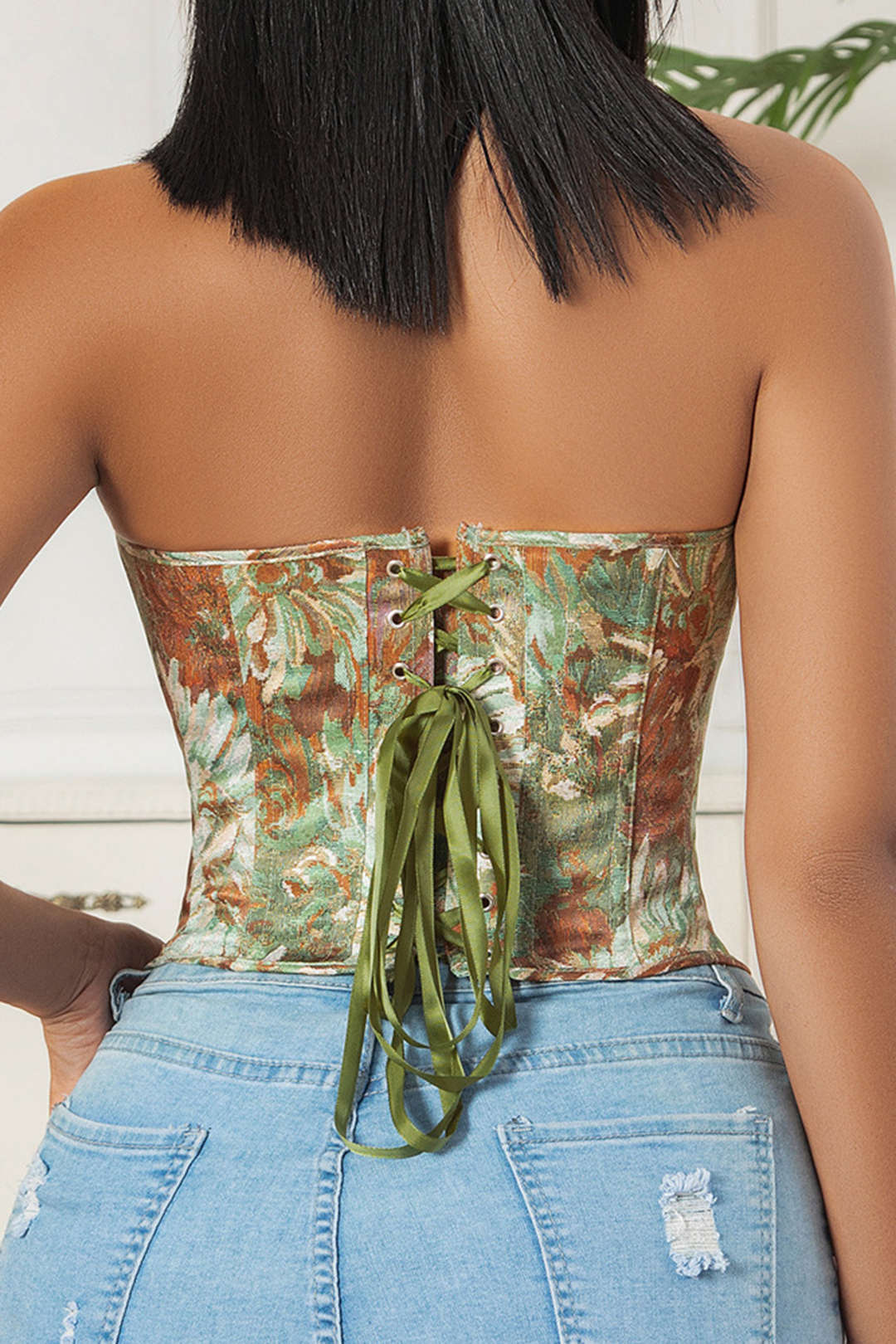 Blusa Tubo Sin Tirantes Con Corsé Estampado Floral Con Lazo