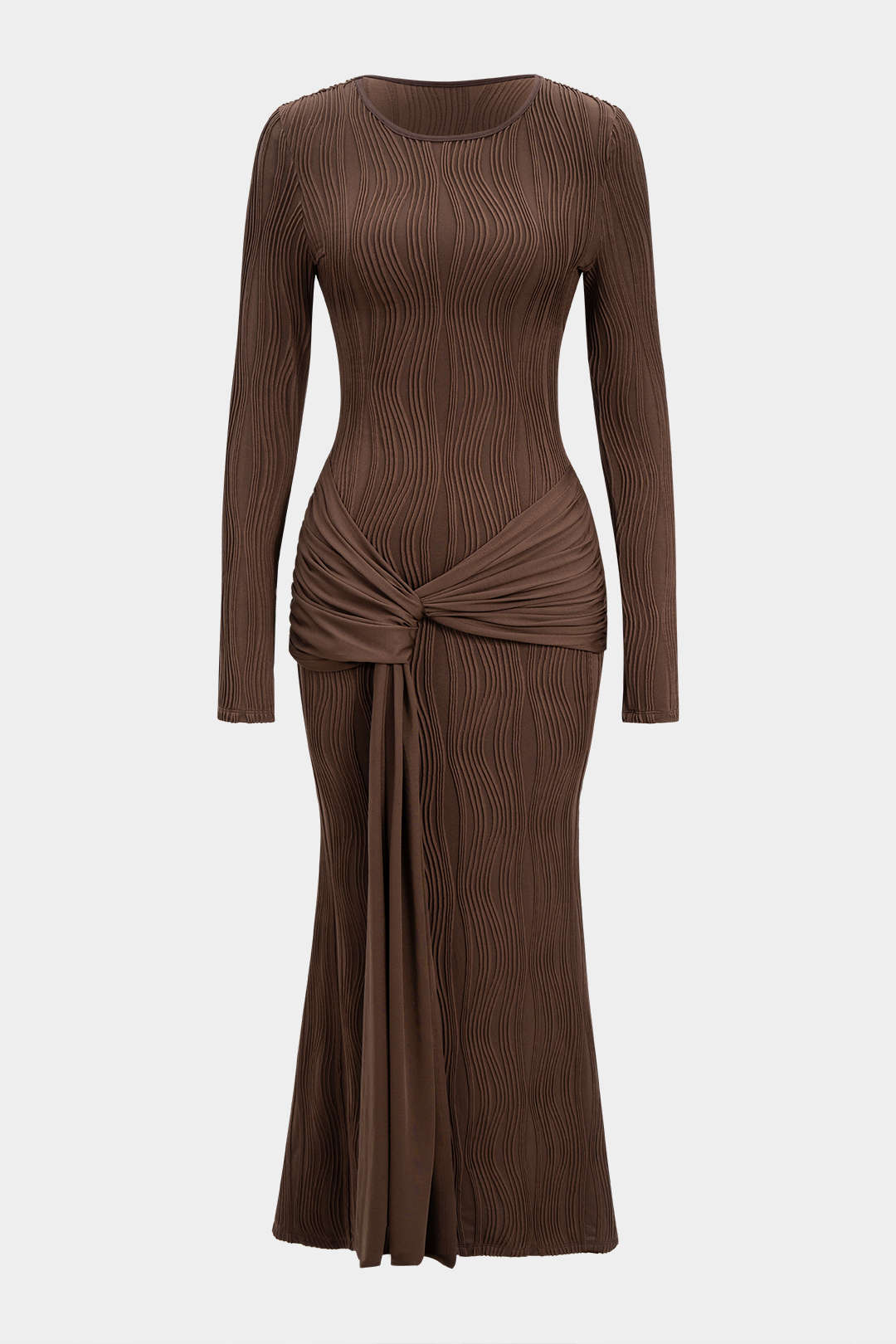 Patchwork Round Neck Tie Front Ruched Long Sleeve Maxi Dress