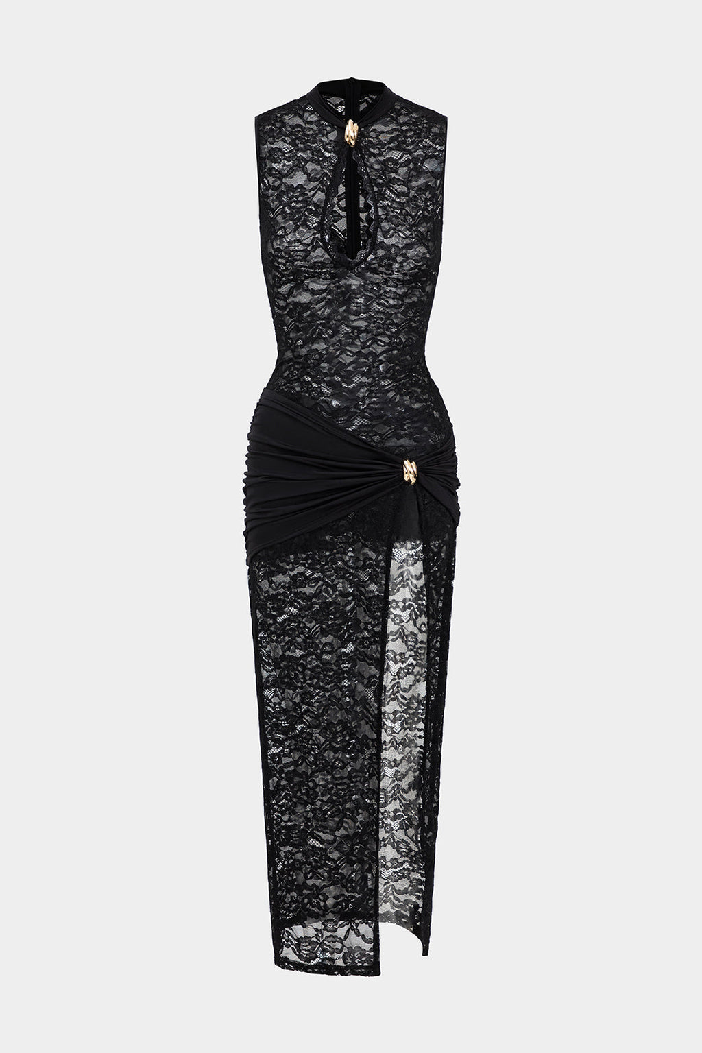 Vestido Maxi Encaje Metálico Fruncido Con Cremallera