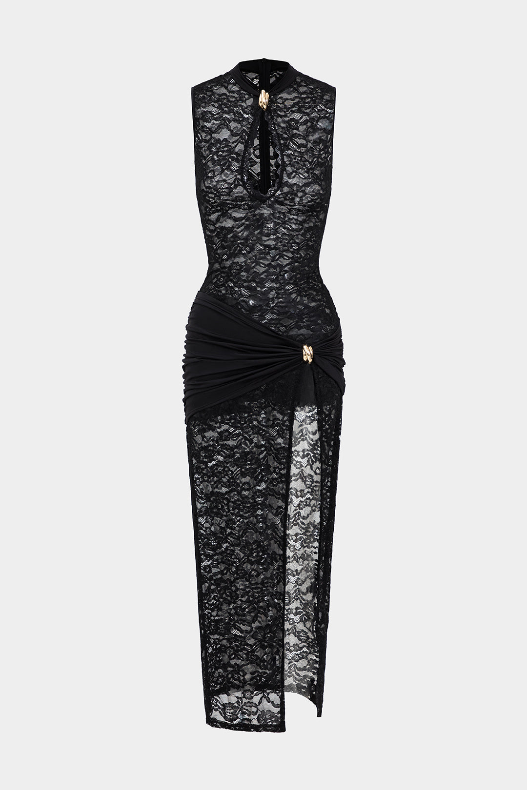Vestido Maxi Encaje Metálico Fruncido Con Cremallera