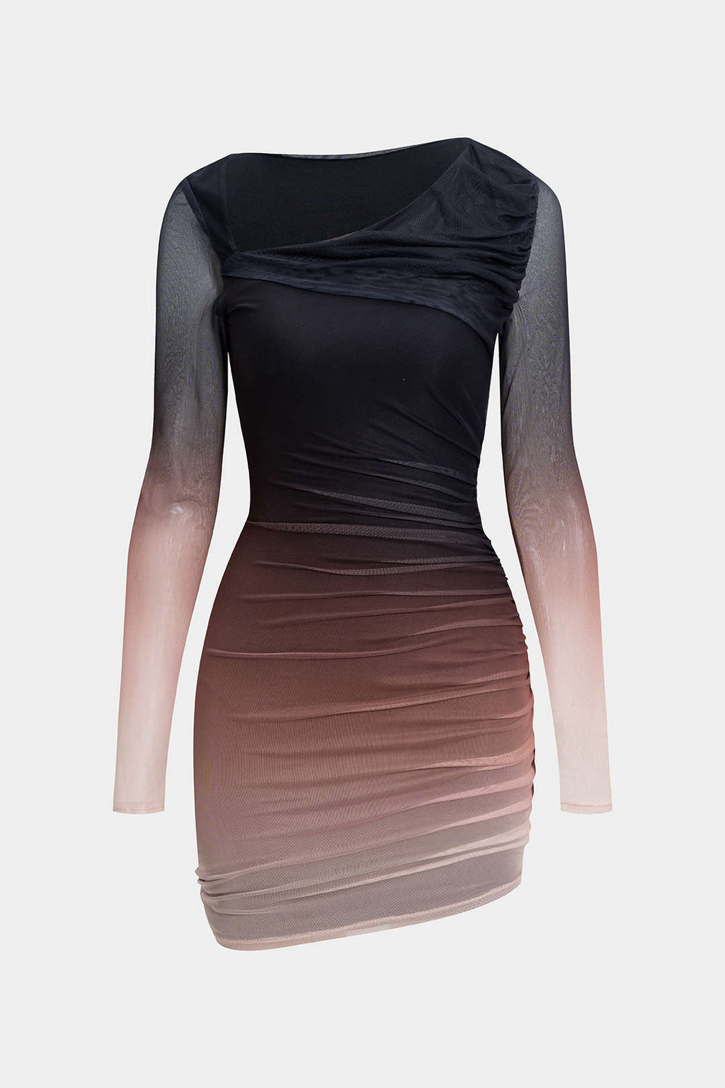 Mesh Colorblock Print Asymmetrical Ruched Long-Sleeve Mini Dress