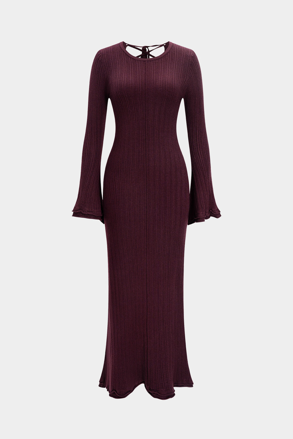 Knit Round Neck Tie-Back Scallop Edge Long Sleeve Dress